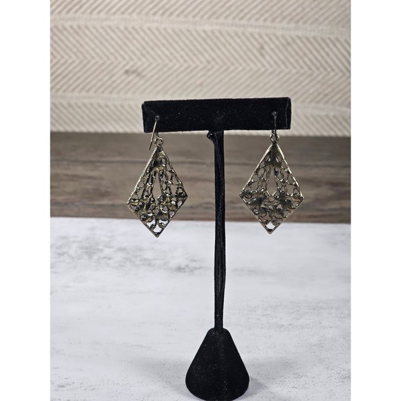 Vintage Filigree Dangle Earrings Diamond Floral Drop Brass Tone - Picture 7 of 11